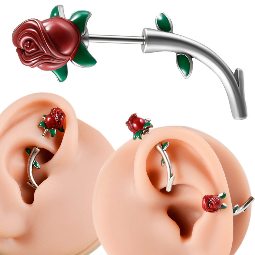 Body Jewelry Barbell - Aço Cirúrgico Rosa Vermelha Flor Torre